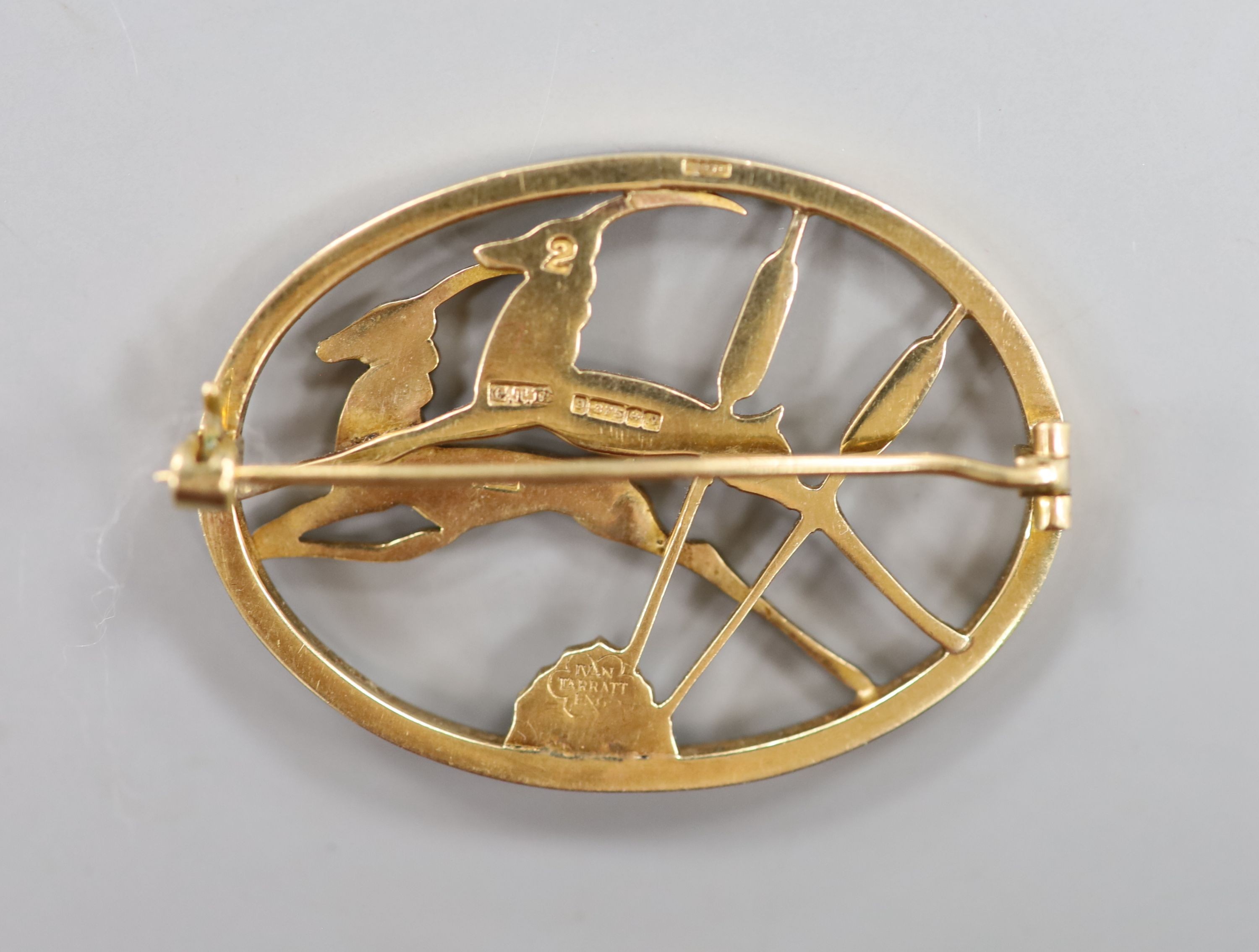 An Ivan Tarratt Georg Jensen style 9ct gold leaping antelope oval brooch, George Tarratt Ltd, Birmingham, 1962, 42mm, 11.5 grams.